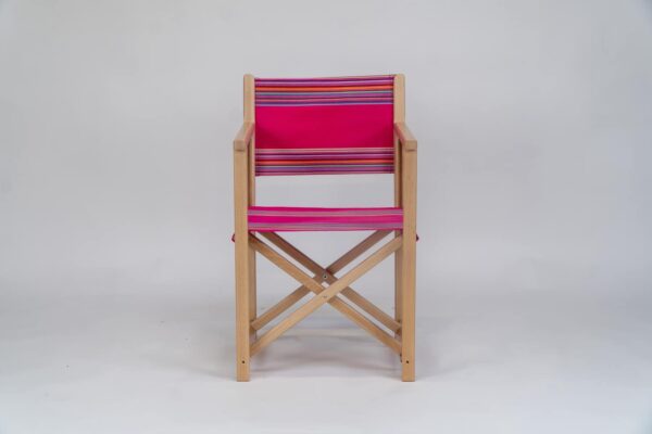 Beechwood Director's Chair with Scuba fabric, pink, purple, lavender, blue, grey and orange stripes, viewed from the front - created by Decks and Stipes Ireland