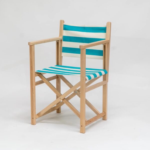 Beechwood Director's Chair with Sennen Surfing fabric, turquoise and white stripes, viewed from an angle - created by Decks and Stipes Ireland