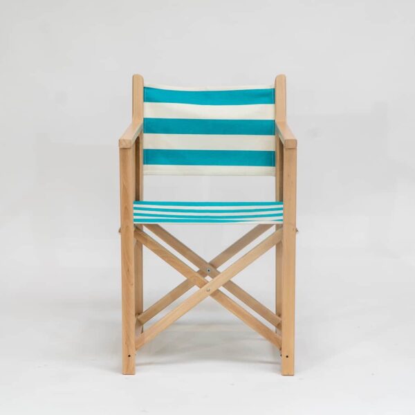 Beechwood Director's Chair with Sennen Surfing fabric, turquoise and white stripes, viewed from the front - created by Decks and Stipes Ireland