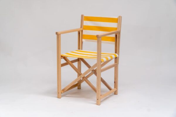 Beechwood Director's Chair with Shot Put fabric, yellow & white stripes, viewed from an angle - created by Decks and Stipes Ireland