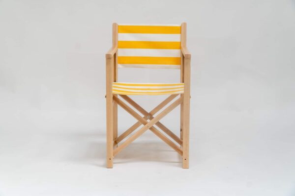 Beechwood Director's Chair with Shot Put fabric, yellow & white stripes, viewed from the front - created by Decks and Stipes Ireland