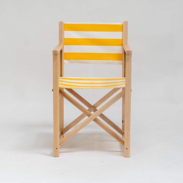 Beechwood Director's Chair with Shot Put fabric, yellow & white stripes, viewed from the front - created by Decks and Stipes Ireland