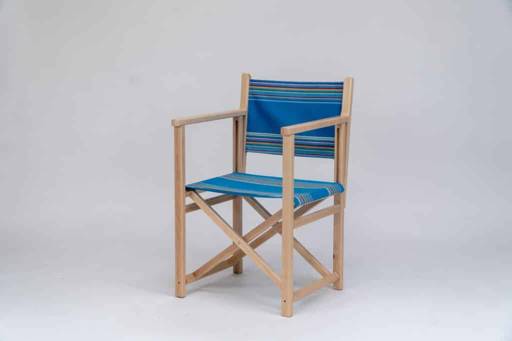 Beechwood Director's Chair with Swimming fabric, blue, yellow, pink, orange, purple and green stripes, viewed at an angle - created by Decks and Stipes Ireland