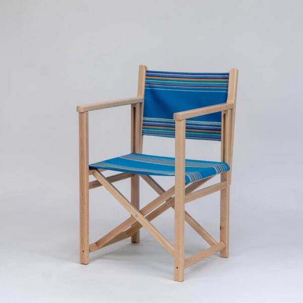 Beechwood Director's Chair with Swimming fabric, blue, yellow, pink, orange, purple and green stripes, viewed at an angle - created by Decks and Stipes Ireland