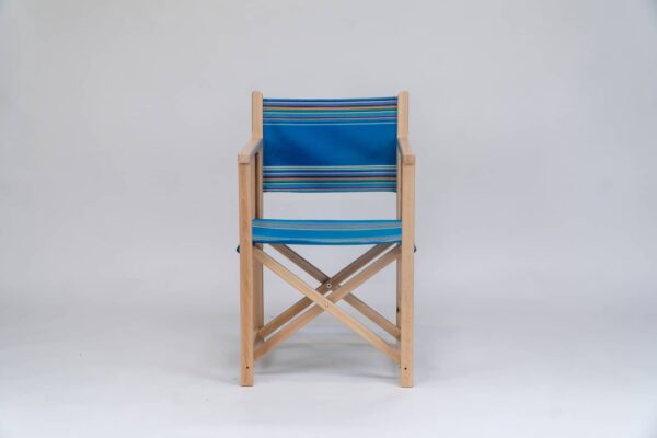 Beechwood Director's Chair with Swimming fabric, blue, yellow, pink, orange, purple and green stripes, viewed from the front - created by Decks and Stipes Ireland