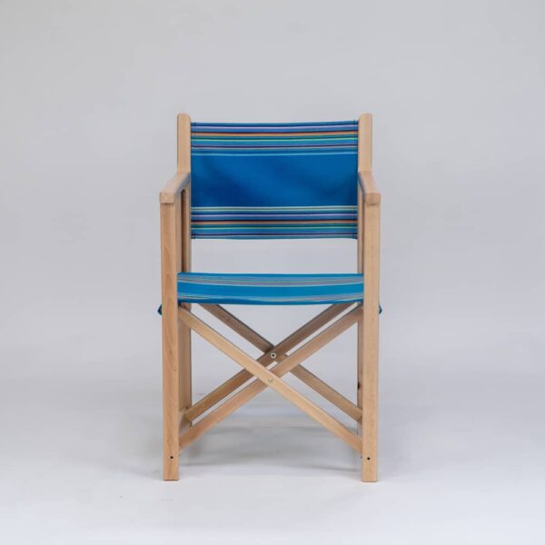 Beechwood Director's Chair with Swimming fabric, blue, yellow, pink, orange, purple and green stripes, viewed from the front - created by Decks and Stipes Ireland