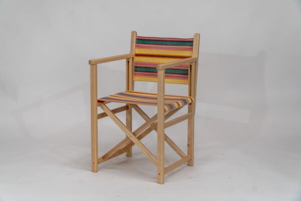 Beechwood Director's Chair with Waltzing fabric, yellow, pink, green, lavendar and white stripes, viewed at an angle - created by Decks and Stipes Ireland