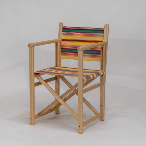 Beechwood Director's Chair with Waltzing fabric, yellow, pink, green, lavendar and white stripes, viewed at an angle - created by Decks and Stipes Ireland