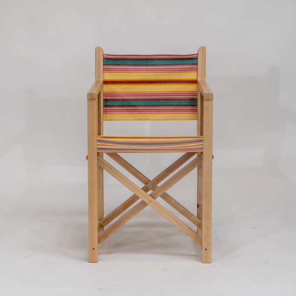 Beechwood Director's Chair with Waltzing fabric, yellow, pink, green, lavendar and white stripes, viewed from the front - created by Decks and Stipes Ireland