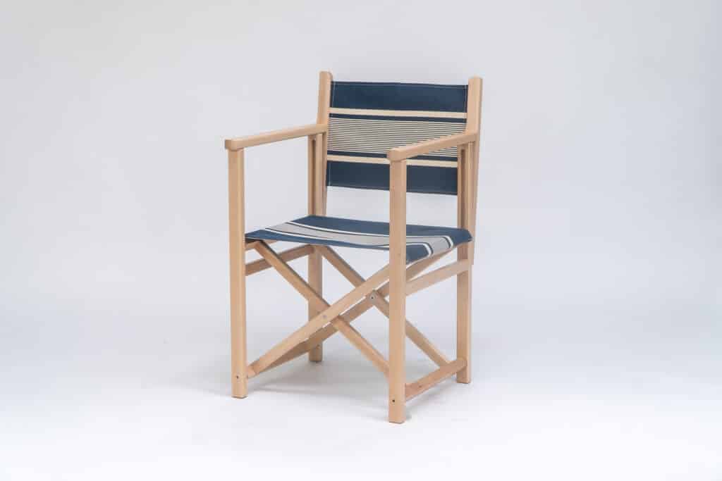 Beechwood Director's Chair with Yvonne Denim fabric, denim and white stripes, viewed at an angle - created by Decks and Stipes Ireland