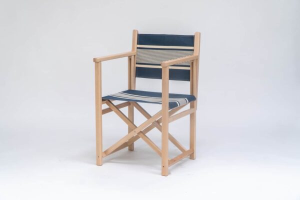 Beechwood Director's Chair with Yvonne Denim fabric, denim and white stripes, viewed at an angle - created by Decks and Stipes Ireland