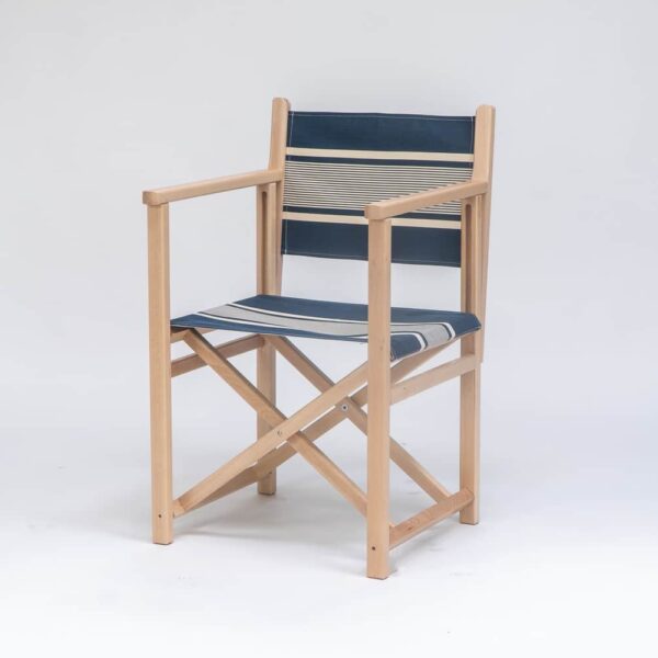 Beechwood Director's Chair with Yvonne Denim fabric, denim and white stripes, viewed at an angle - created by Decks and Stipes Ireland