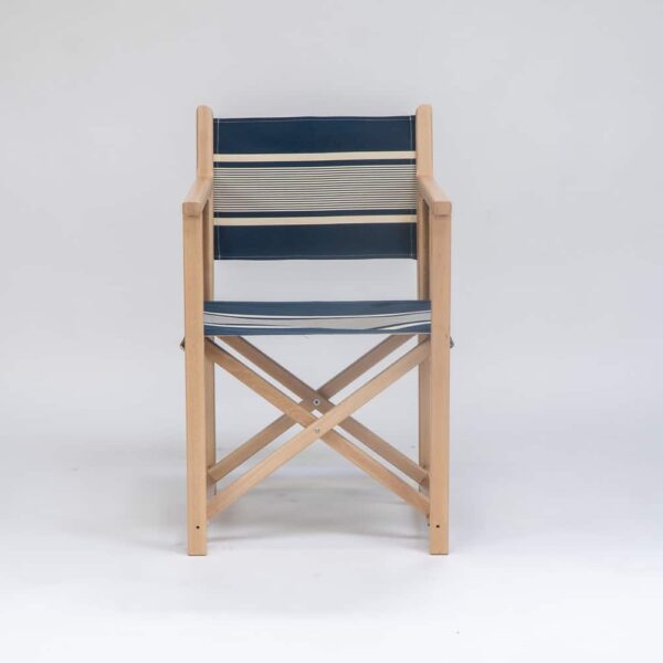 Beechwood Director's Chair with Yvonne Denim fabric, denim and white stripes, viewed from the front - created by Decks and Stipes Ireland