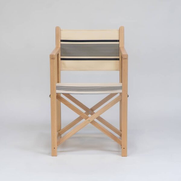 Beechwood Director's Chair with Yvonne Ficelle Encre fabric, ink and cream stripes, viewed from the front - created by Decks and Stipes Ireland