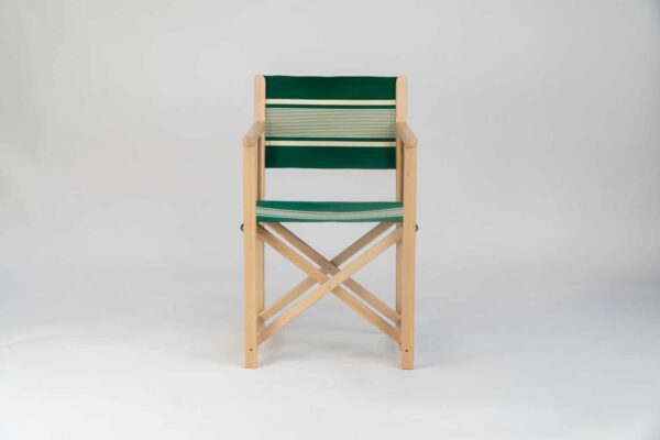 Beechwood Director's Chair with Yvonne Vert fabric, green and cream stripes, viewed from the front - created by Decks and Stipes Ireland