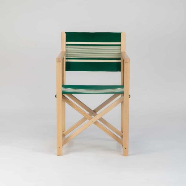 Beechwood Director's Chair with Yvonne Vert fabric, green and cream stripes, viewed from the front - created by Decks and Stipes Ireland