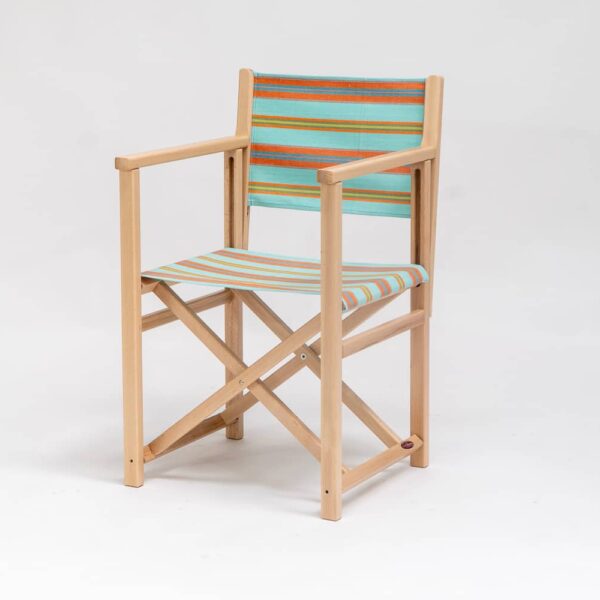 Beechwood Director's Chairs with Petanque fabric, turquoise, terracotta, blue, lime and green stripes, viewed from an angle - created by Decks and Stipes Ireland