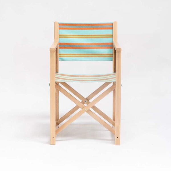 Beechwood Director's Chairs with Petanque fabric, turquoise, terracotta, blue, lime and green stripes, viewed from the front - created by Decks and Stipes Ireland