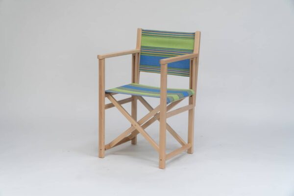 Beechwood Director's Chairs with Pickleball fabric, sky blue, lime, yellow, jade, terracotta and charcoal stripes, viewed from an angle - created by Decks and Stipes Ireland