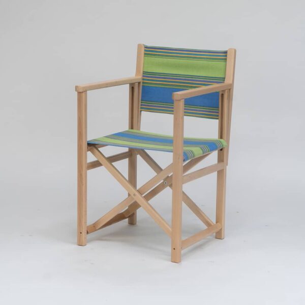 Beechwood Director's Chairs with Pickleball fabric, sky blue, lime, yellow, jade, terracotta and charcoal stripes, viewed from an angle - created by Decks and Stipes Ireland