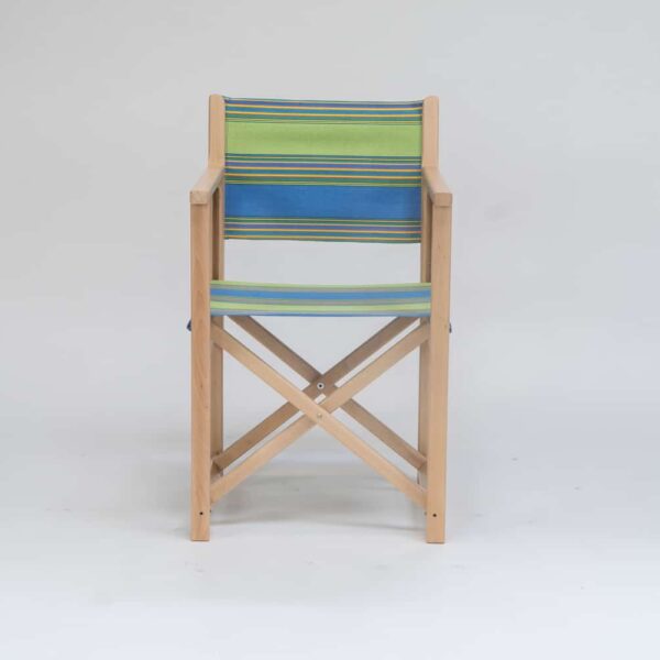 Beechwood Director's Chairs with Pickleball fabric, sky blue, lime, yellow, jade, terracotta and charcoal stripes, viewed from the front - created by Decks and Stipes Ireland