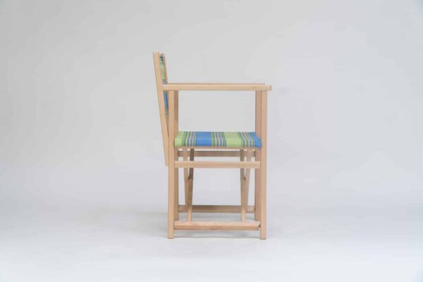 Beechwood Director's Chairs with Pickleball fabric, sky blue, lime, yellow, jade, terracotta and charcoal stripes, viewed from the side - created by Decks and Stipes Ireland