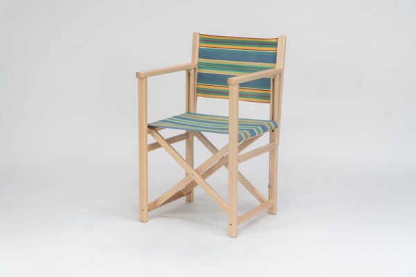 Beechwood Director's chair with Hula Hoop Fabric, blue, green, red and orange stripes viewed from an angle - created by Decks and Stipes Ireland