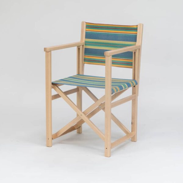 Beechwood Director's chair with Hula Hoop Fabric, blue, green, red and orange stripes viewed from an angle - created by Decks and Stipes Ireland