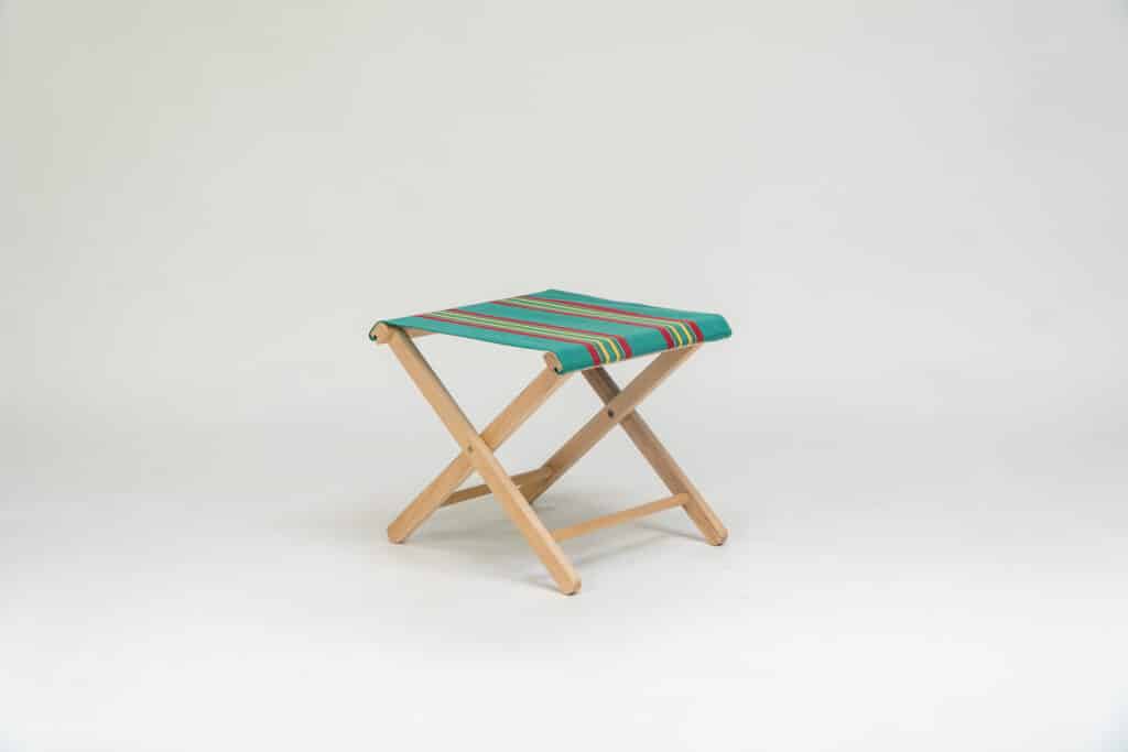 Beechwood Stool with Birdwatching Fabric - red, yellow, jade, black and blue stripes - created by Decks and Stipes Ireland