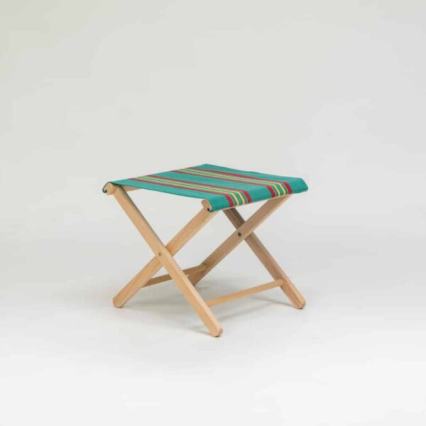 Beechwood Stool with Birdwatching Fabric - red, yellow, jade, black and blue stripes - created by Decks and Stipes Ireland