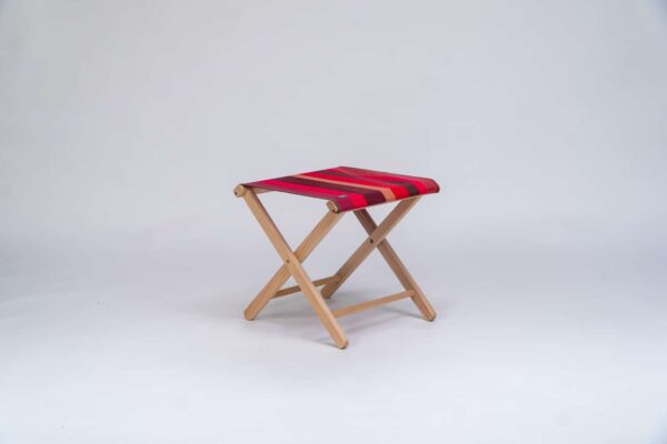 Beechwood Stool with Cordoba fabric red, brown, black and grey stripes - created by Decks and Stipes Ireland