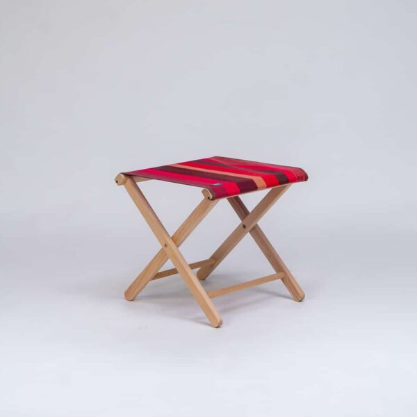 Beechwood Stool with Cordoba fabric red, brown, black and grey stripes - created by Decks and Stipes Ireland