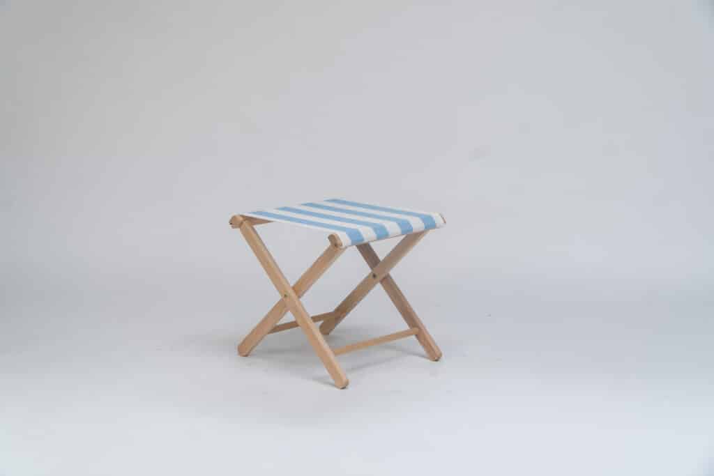 Beechwood Stool with Ice Dancing fabric, sky blue and white stripes - created by Decks and Stipes Ireland