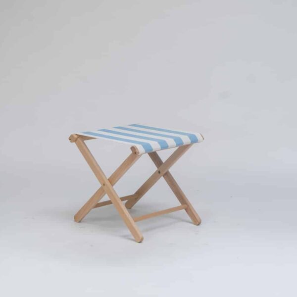 Beechwood Stool with Ice Dancing fabric, sky blue and white stripes - created by Decks and Stipes Ireland