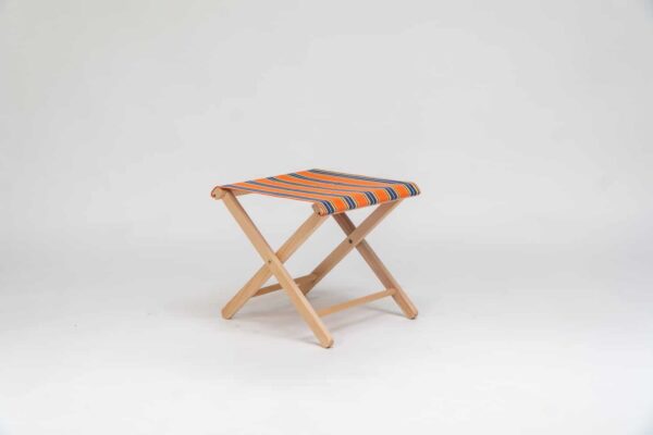 Beechwood Stool with Jazz fabric, rust, blue, yellow, white and black stripes - created by Decks and Stipes Ireland