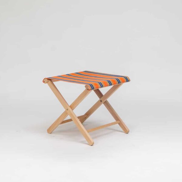 Beechwood Stool with Jazz fabric, rust, blue, yellow, white and black stripes - created by Decks and Stipes Ireland