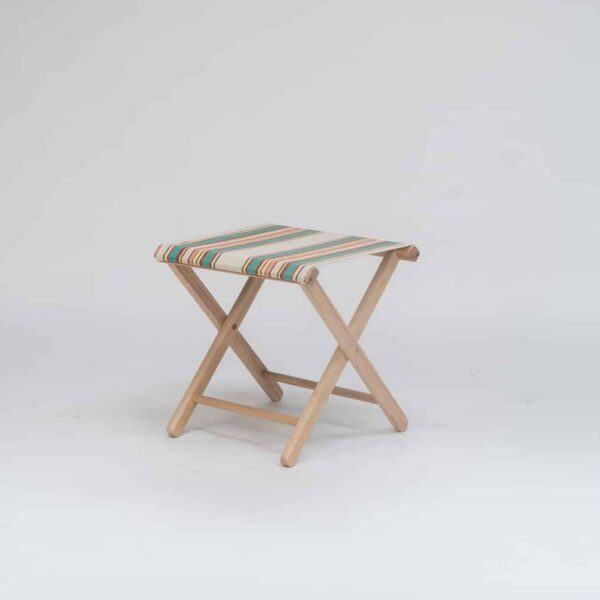 Beechwood Stool with Lido fabric, beige, jade, red and yellow stripes - created by Decks and Stipes Ireland