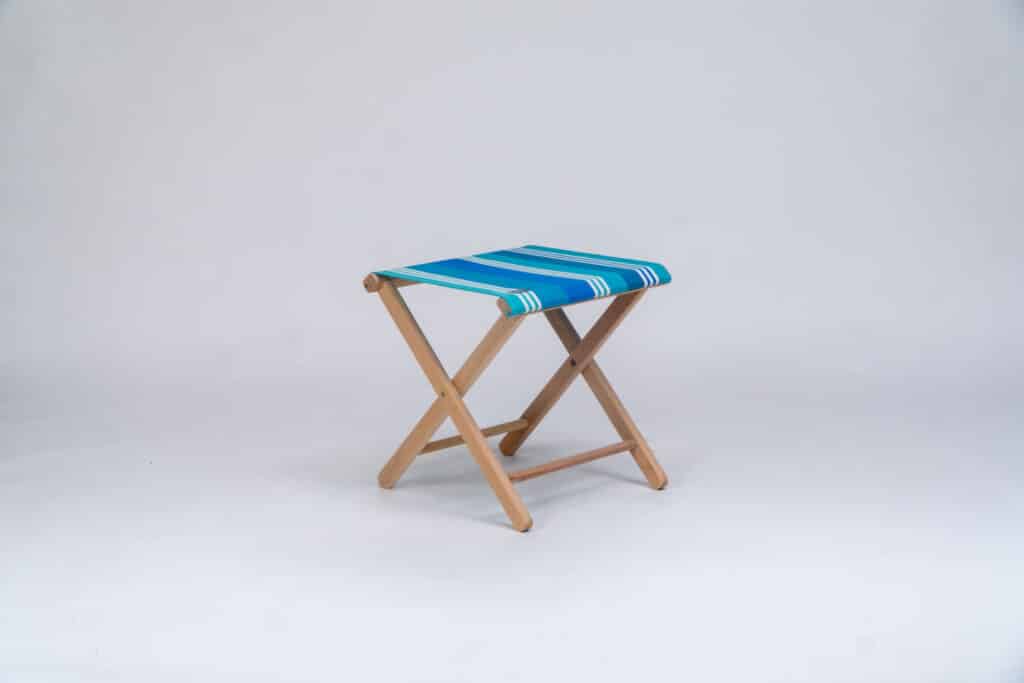 Beechwood Stool with Madrague fabric, turquoise, blue, green and white stripes - created by Decks and Stipes Ireland