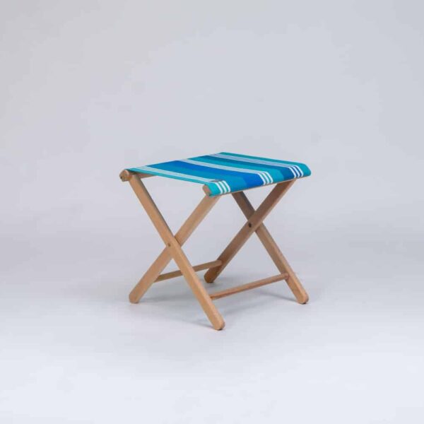 Beechwood Stool with Madrague fabric, turquoise, blue, green and white stripes - created by Decks and Stipes Ireland