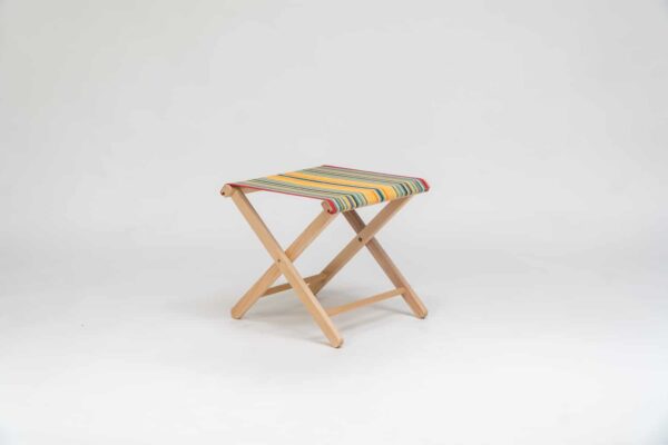 Beechwood Stool with Medley fabric, red, orange, green, black, yellow and blue stripes - created by Decks and Stipes Ireland