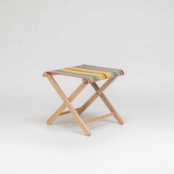 Beechwood Stool with Medley fabric, red, orange, green, black, yellow and blue stripes - created by Decks and Stipes Ireland