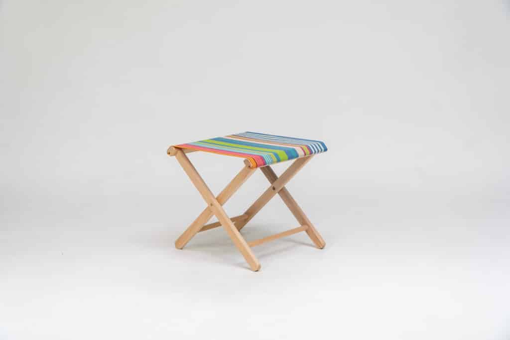 Beechwood Stool with Orienteering fabric, green, blue, pink, plum, white and terracotta stripes - created by Decks and Stipes Ireland