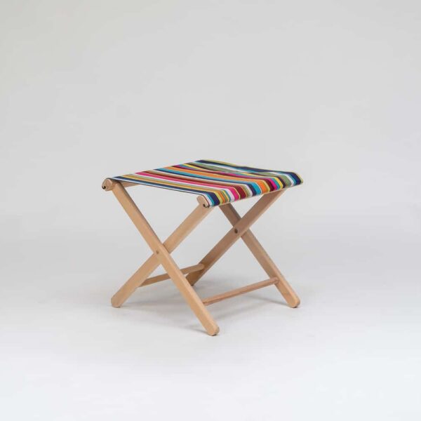 Beechwood Stool with Paintballing fabric, blue, green, orange, yellow pink and red stripes - created by Decks and Stipes Ireland