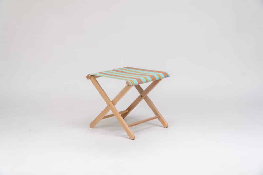 Beechwood Stool with Petanque fabric, turquoise, terracotta, blue, lime and green stripes - created by Decks and Stipes Ireland