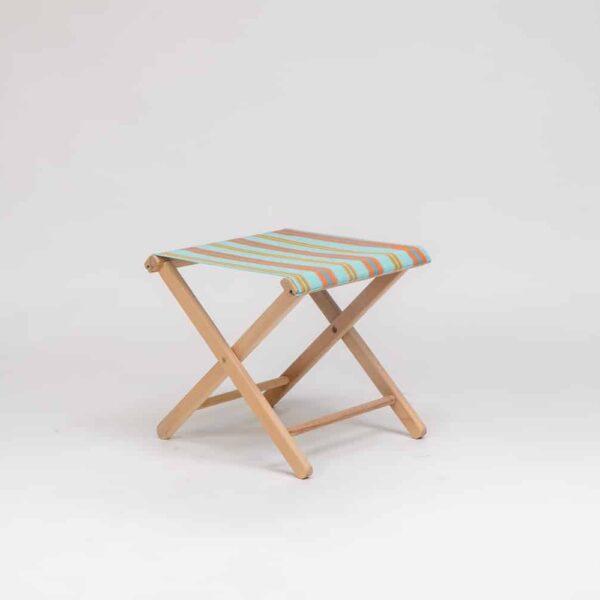 Beechwood Stool with Petanque fabric, turquoise, terracotta, blue, lime and green stripes - created by Decks and Stipes Ireland