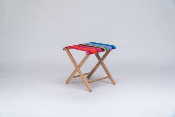 Beechwood Stool with Saint-Jean Surfing fabric, purple, green, blue, navy, yellow and orange stripes created by Decks and Stipes Ireland