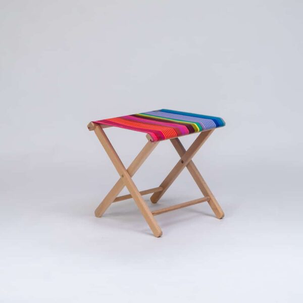 Beechwood Stool with Saint-Jean Surfing fabric, purple, green, blue, navy, yellow and orange stripes created by Decks and Stipes Ireland