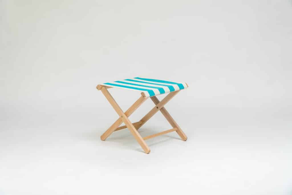 Beechwood Stool with Sennen Surfing fabric, turquoise and white stripes - created by Decks and Stipes Ireland