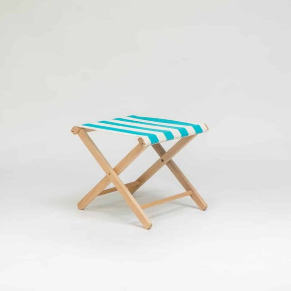 Beechwood Stool with Sennen Surfing fabric, turquoise and white stripes - created by Decks and Stipes Ireland