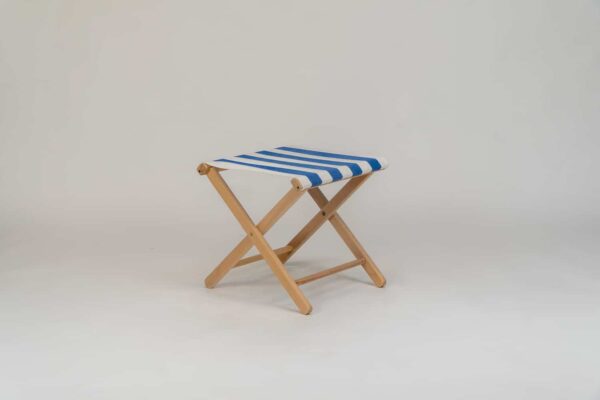 Beechwood Stool with Soccer fabric, blue and white stripes - created by Decks and Stipes Ireland